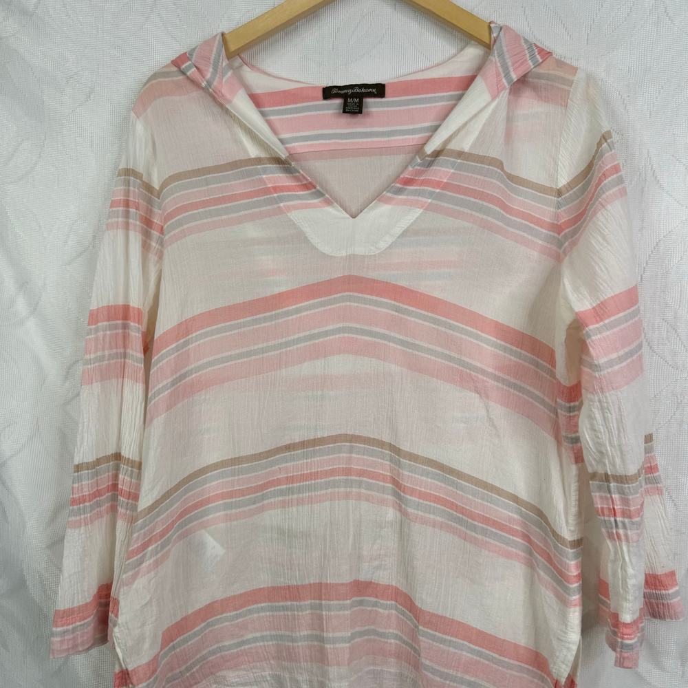 Tommy Bahama Pink Stripe Hooded V-Neck Tunic - Picture 4 of 6